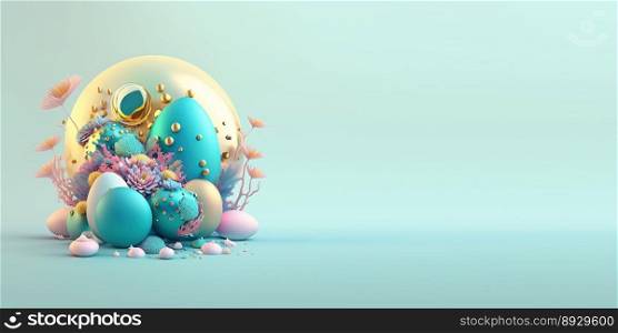 Abstract 3D Illustration of Easter Eggs and Flowers with a Fantasy Theme for Background and Banner
