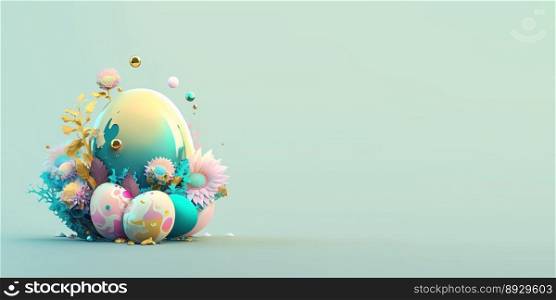 Abstract 3D Illustration of Easter Eggs and Flowers with a Fantasy Theme for Background and Banner