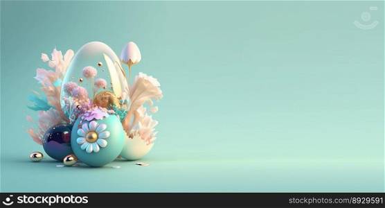 Abstract 3D Illustration of Easter Eggs and Flowers with a Fantasy Wonderland Theme for Background and Banner