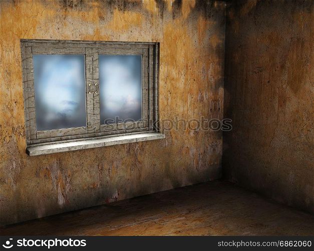 abstract 3d illustration of empty grunge room with window