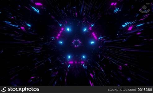 Abstract 3D illustration of geometric futuristic tunnel illuminated with bright violet and blue l&s. 3D illustration of tunnel with vibrant l&s