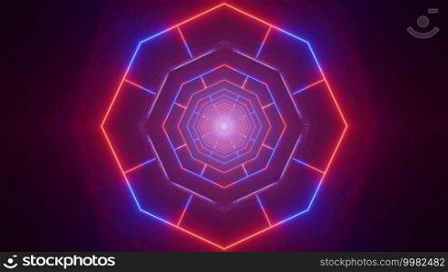 Abstract 3d illustration of glowing red and blue lines forming neon tunnel with geometric ornament. 3D illustration of linear neon tunnel