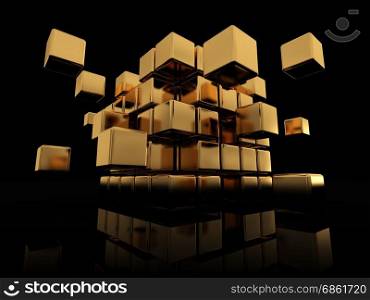 abstract 3d illustration of golden cube structure over black background