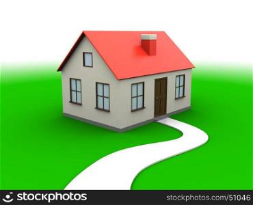 abstract 3d illustration of house over green meadow and white background