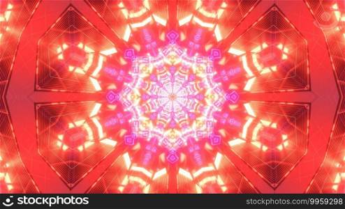 Abstract 3D illustration of kaleidoscopic background with shiny ornament of vivid red gem. 3D illustration of abstract red crystal