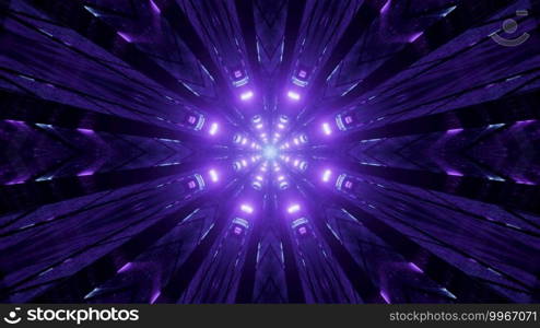 Abstract 3D illustration of kaleidoscopic round crystal tunnel illuminated with vivid violet l&s. 3D illustration crystal tunnel with violet illumination