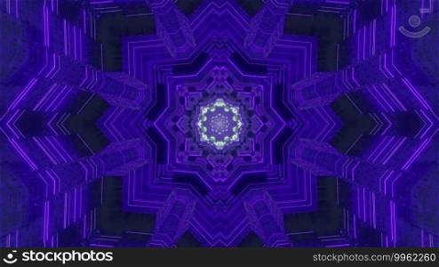 Abstract 3D illustration of kaleidoscopic tunnel with creative symmetric ornament of dark blue color. 3D illustration of dark blue ornament