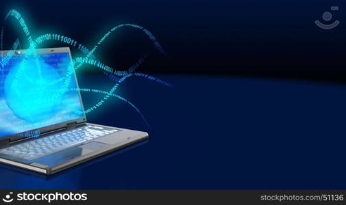 abstract 3d illustration of laptop computer with binary code ribbons