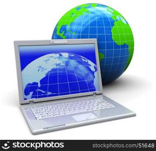 abstract 3d illustration of laptop computer with earth globe