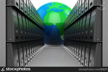 abstract 3d illustration of many servers and earth globe