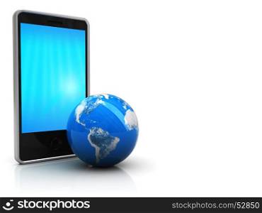 abstract 3d illustration of mobile phone and earth globe, at left side of white background