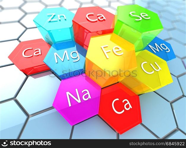 abstract 3d illustration of nutrition minerals labels over colorful hexagons. nutrition minerals