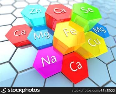 abstract 3d illustration of nutrition minerals labels over colorful hexagons. nutrition minerals