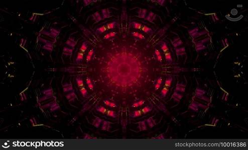 Abstract 3d illustration of purple geometrical patterns forming spherical tunnel on black background. Abstract 3d illustration of purple spherical corridor