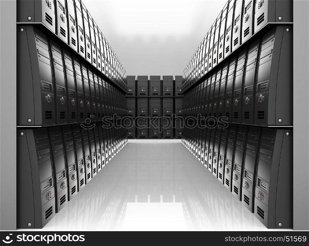 abstract 3d illustration of room with many servers computers