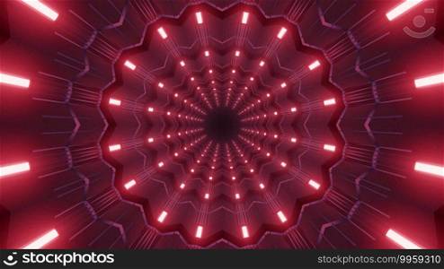Abstract 3D illustration of round symmetric tunnel illuminated with many small red l&s. 3D illustration of tunnel with small red lights