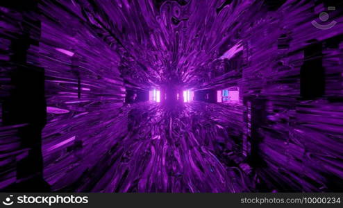 Abstract 3D illustration of surreal futuristic tunnel with distorted walls of violet color. 3D illustration of tunnel with distorted walls