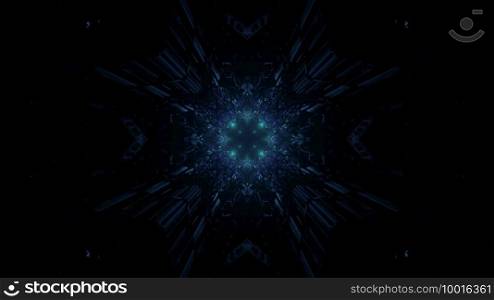 Abstract 3D illustration of symmetric creative blue ornament glowing dimly in darkness. 3D illustration of dim blue lights