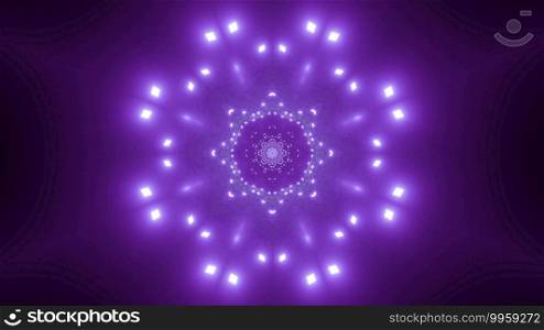 Abstract 3D illustration of symmetric snowflake shaped tunnel shining with bright purple color. 3D illustration of snowflake shaped tunnel