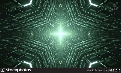 Abstract 3D illustration of symmetric tunnel with geometric ornament and bright blue light. 3D illustration of tunnel with shiny panels