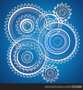 abstract 3d illustration of transparent gear wheels over blue background