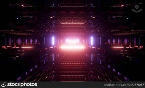 Abstract 3D illustration of vivid pink and violet lights shining in end of dim tunnel. 3D illustration of tunnel with colorful lights
