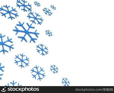 abstract 3d illustration of winter background with blue snowflakes at left side