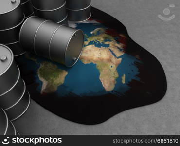 abstract 3d illustration of world map and oil waste storage