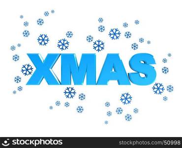 abstract 3d illustration of xmas sign with blue snowflakes, over white background