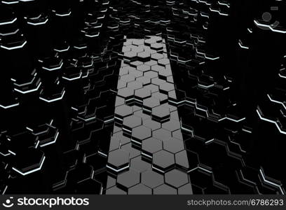 Abstract 3d interior with glossy hexagonal floor an illuminating columns