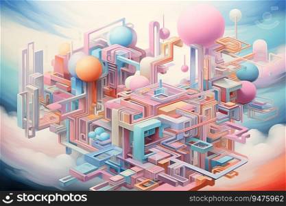 Abstract 3D of a candy land. The stairs lead to a world of stacked geometric shapes in pastel colors background. Generative AI