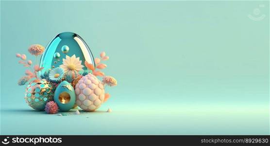 Abstract 3D Render of Easter Eggs and Flowers with a Fairy Tale Theme for Background and Banner