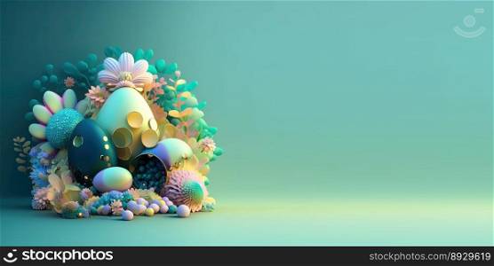 Abstract 3D Render of Easter Eggs and Flowers with a Fairytale Wonderland Theme for Background and Banner