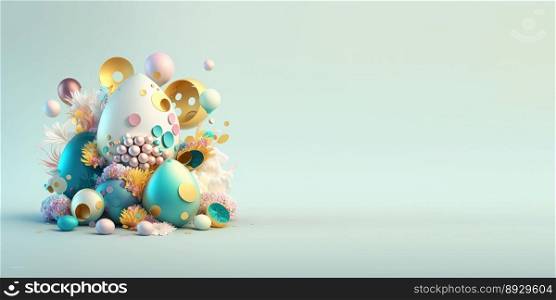 Abstract 3D Render of Easter Eggs and Flowers with a Fantasy Theme for Background and Banner