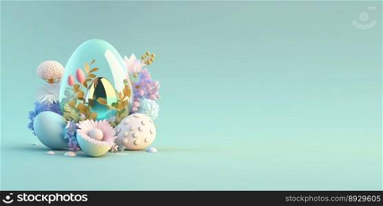 Abstract 3D Render of Easter Eggs and Flowers with a Fantasy Theme for Background and Banner
