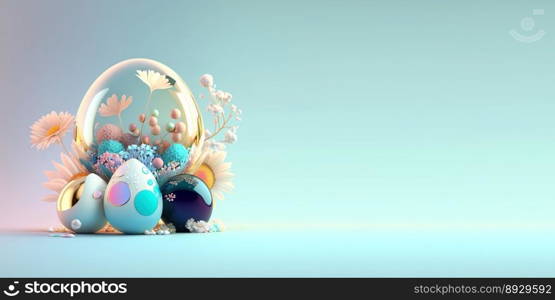 Abstract 3D Render of Easter Eggs and Flowers with a Fantasy Wonderland Theme for Background and Banner