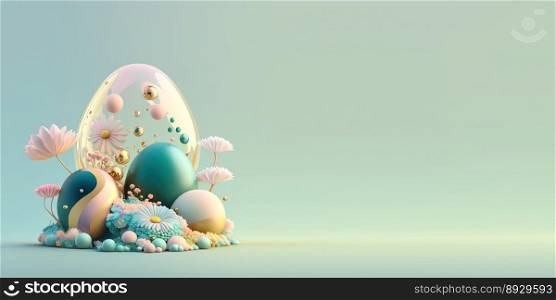 Abstract 3D Render of Easter Eggs and Flowers with a Fantasy Wonderland Theme for Background and Banner