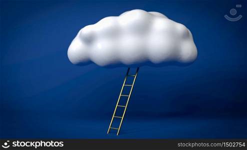 Abstract 3d render of golden ladder in the white cloud flying in blue studio. Concept of stepladder leading to inspiration, leadership and business achievement.. Abstract image of golden ladder in the white cloud flying in blue studio. Concept of stepladder leading to inspiration, leadership and business achievement. 3D render