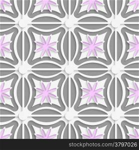 Abstract 3d seamless background. White dots and pink flowers cut out o paper with shadow on gray background.&#xA;&#xA;