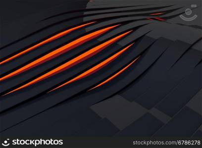 Abstract 3D wavy black background with red light shining through stripes