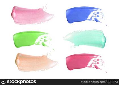 Abstract acrylic color brush stroke. Isolated on white. Collection. Set.