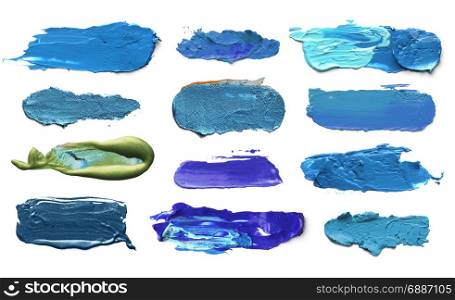 Abstract acrylic color brush strokes. Collection. Isolated on white. Blue tone.