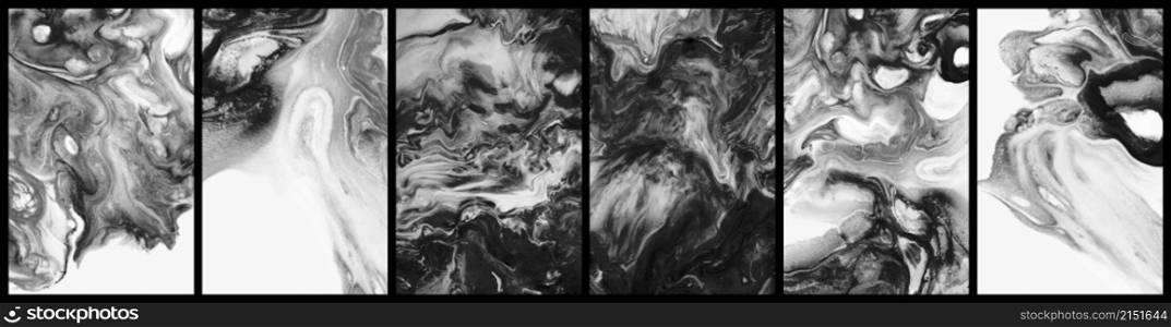 Abstract acrylic flow blot painting. Black and white Color vertical texture backgrounds. Collection.