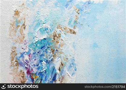 Abstract acrylic light blue color and gold patal smear blot painting. Horizontal texture background.