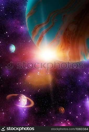 Abstract alien planet in outer space with stars, 3d illustration.