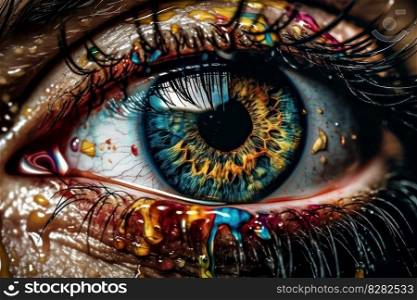 Abstract and creative eye art with bright colors and fantasy design. Close-up of woman’s eye with macro details of eyelashes and eyelids. Perfect for beauty and fashion photography. AI Generative.