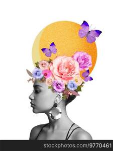 Abstract art collage of a young African woman with flowers on her head. Conceptual fashion art design in a modern style