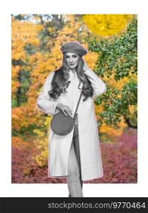 Abstract art collage of young woman in white coat. Autumn concept fashion art design in a modern style