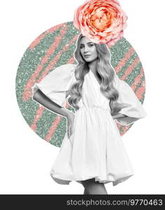 Abstract art collage of young woman in white dress on a background of flowers. Conceptual fashion art design in a modern style