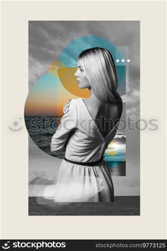 Abstract art collage of young woman in white dress on a background sea. Conceptual fashion art design in a modern style